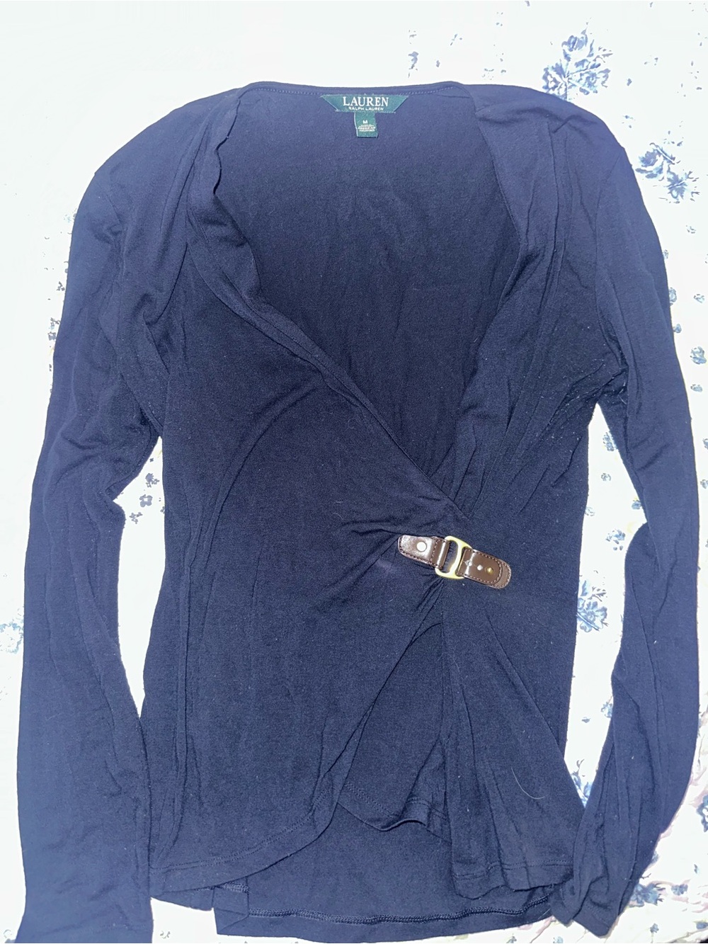 Lauren Ralph Lauren Navy Faux Wrap Buckle Top